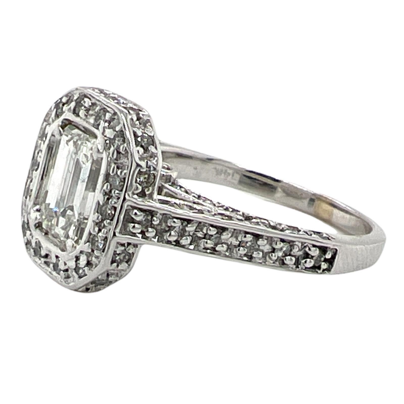 Women's 1.10 Emerald Cut Diamond Halo 14K White Gold Engagement Ring GIA I/VS1  Modern