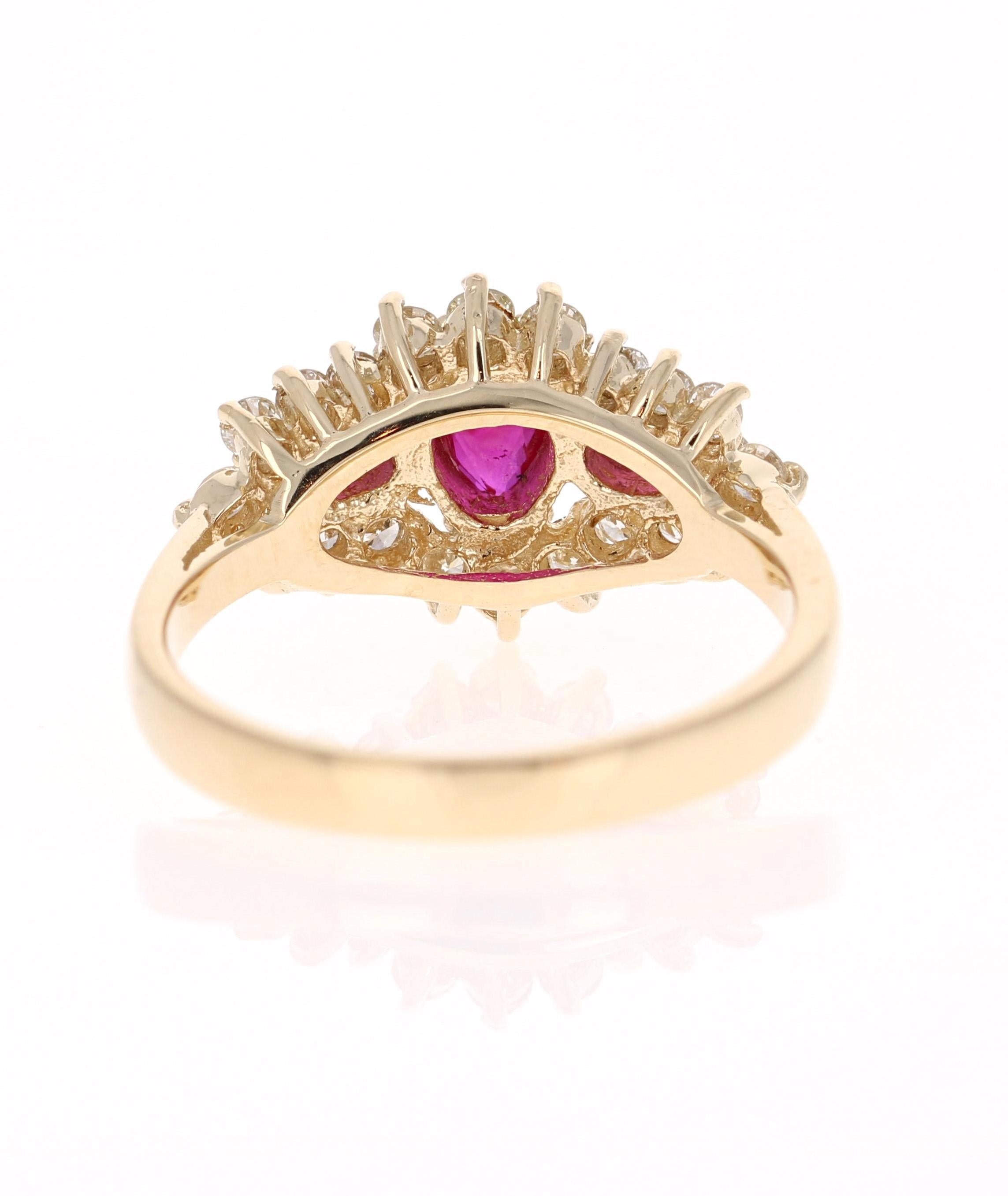 Pear Cut  1.10 Ruby Diamond 14 Karat Yellow Gold Ring For Sale