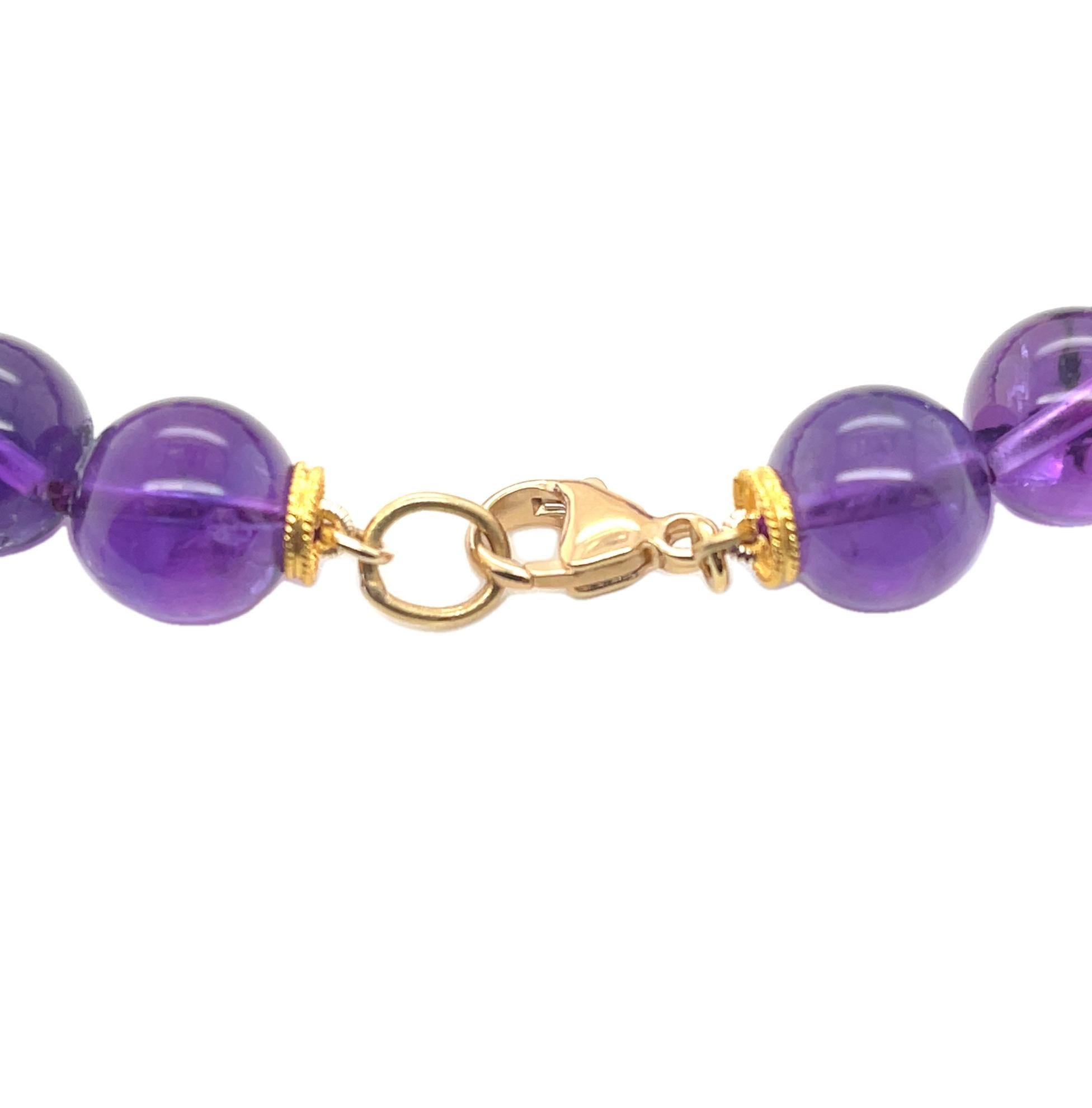 11.00-11.50mm Amethyst Beaded Necklace with 18k Yellow Gold Accents, 20 Inches In New Condition In Los Angeles, CA