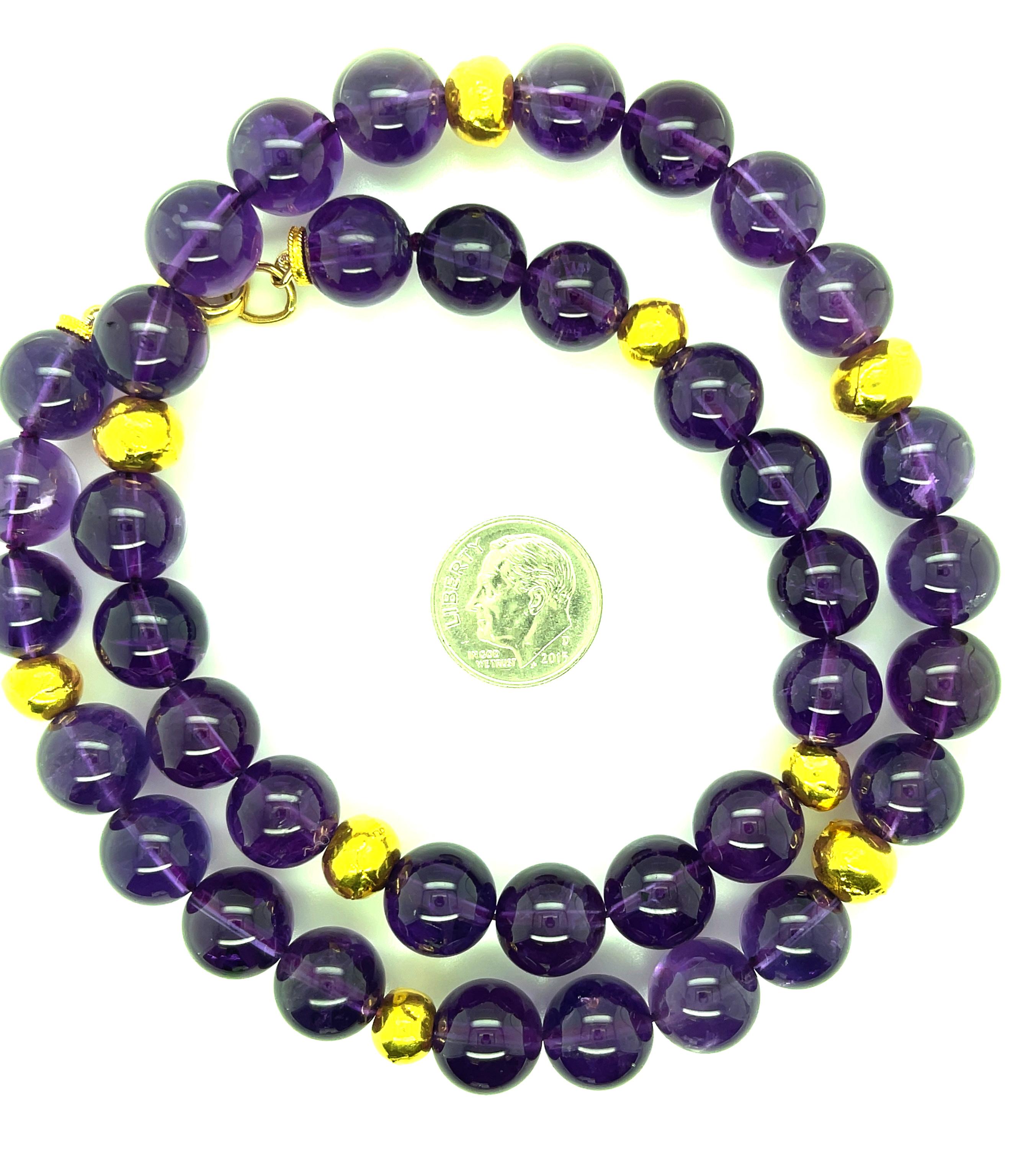 Women's or Men's 11.00-11.50mm Amethyst Beaded Necklace with 18k Yellow Gold Accents, 20 Inches