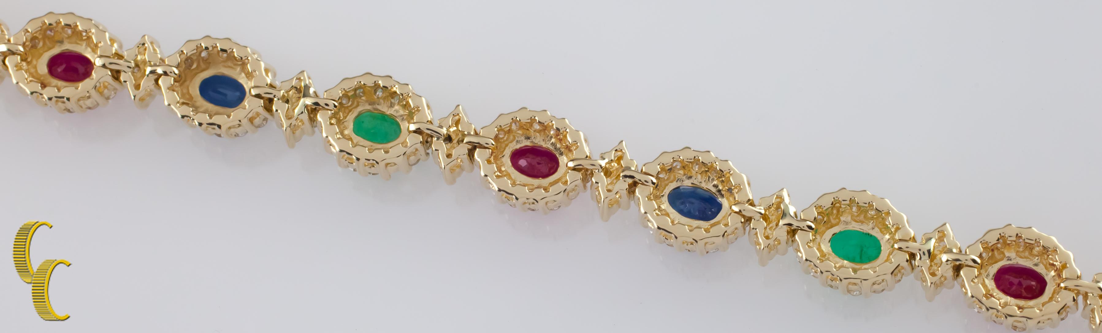Gorgeous 14k Yellow Gold Station Bracelet
Features oval-cut prong-set emeralds, rubies, and sapphires set in diamond halo settings
Each station is separated by a prong-set diamond quatrefoil
Length of one station = 9 mm
Width of one station = 7