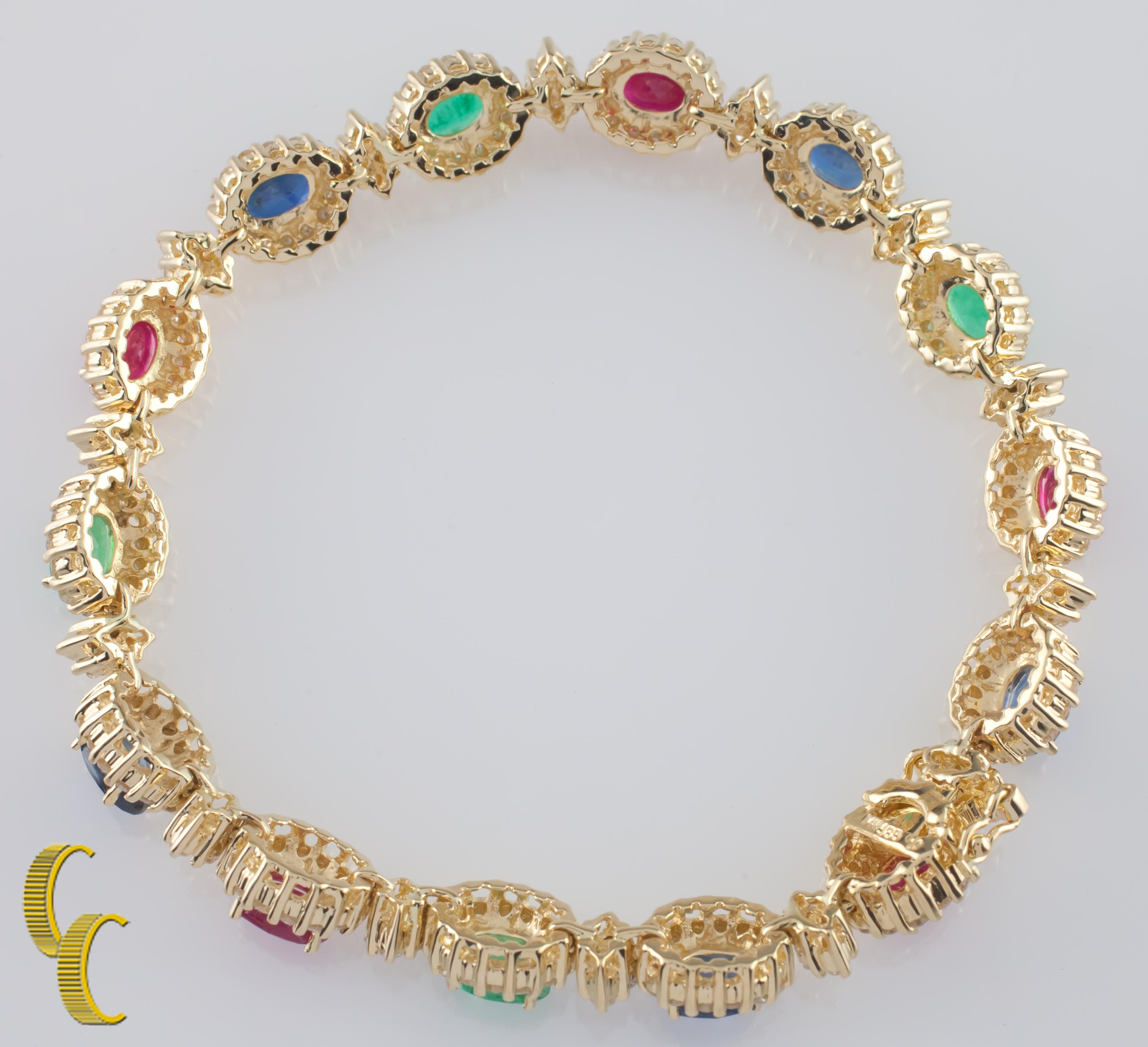 11.00 Carat Diamond, Ruby, Emerald and Sapphire 14 Karat Gold Station Bracelet In Excellent Condition In Sherman Oaks, CA