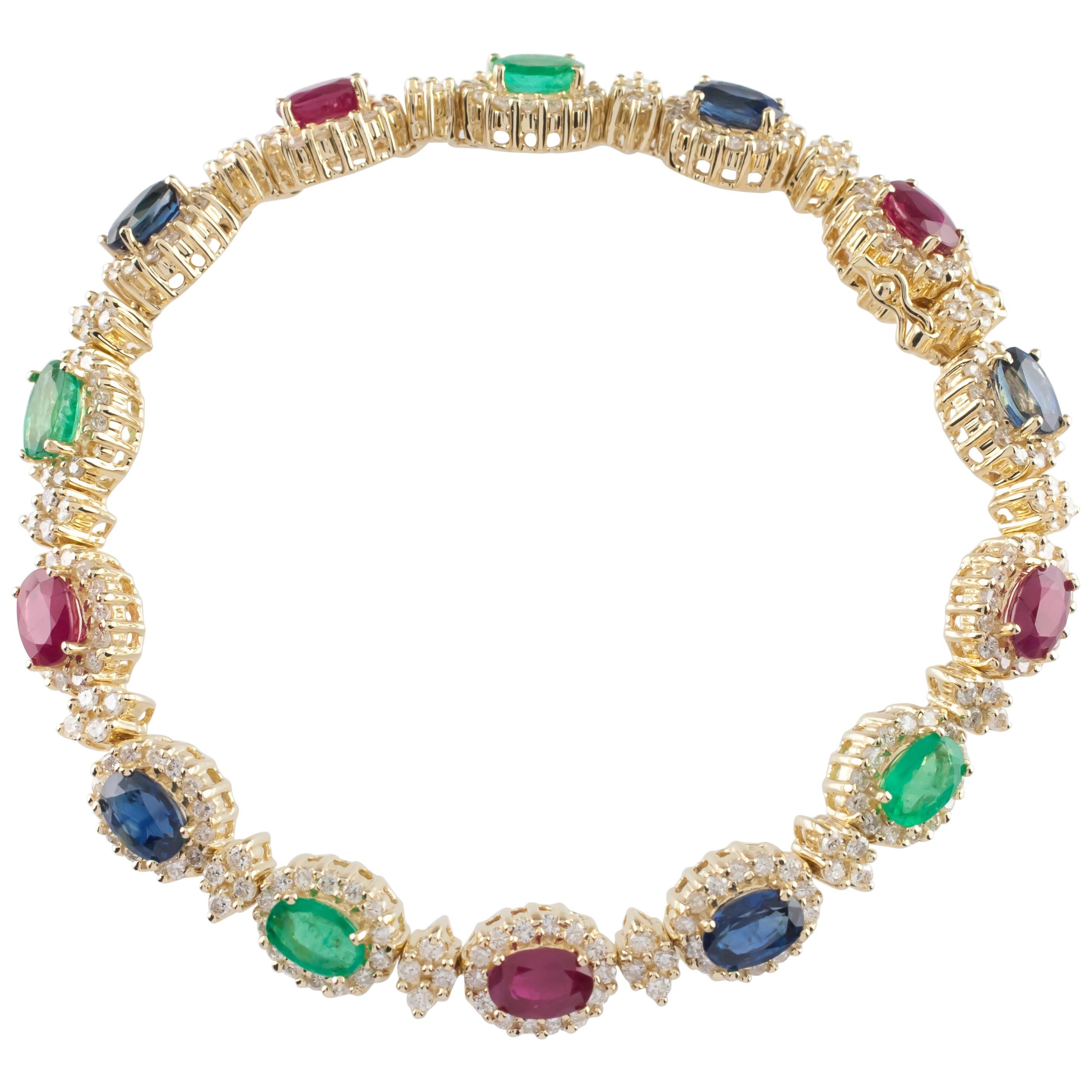 11.00 Carat Diamond, Ruby, Emerald and Sapphire 14 Karat Gold Station Bracelet