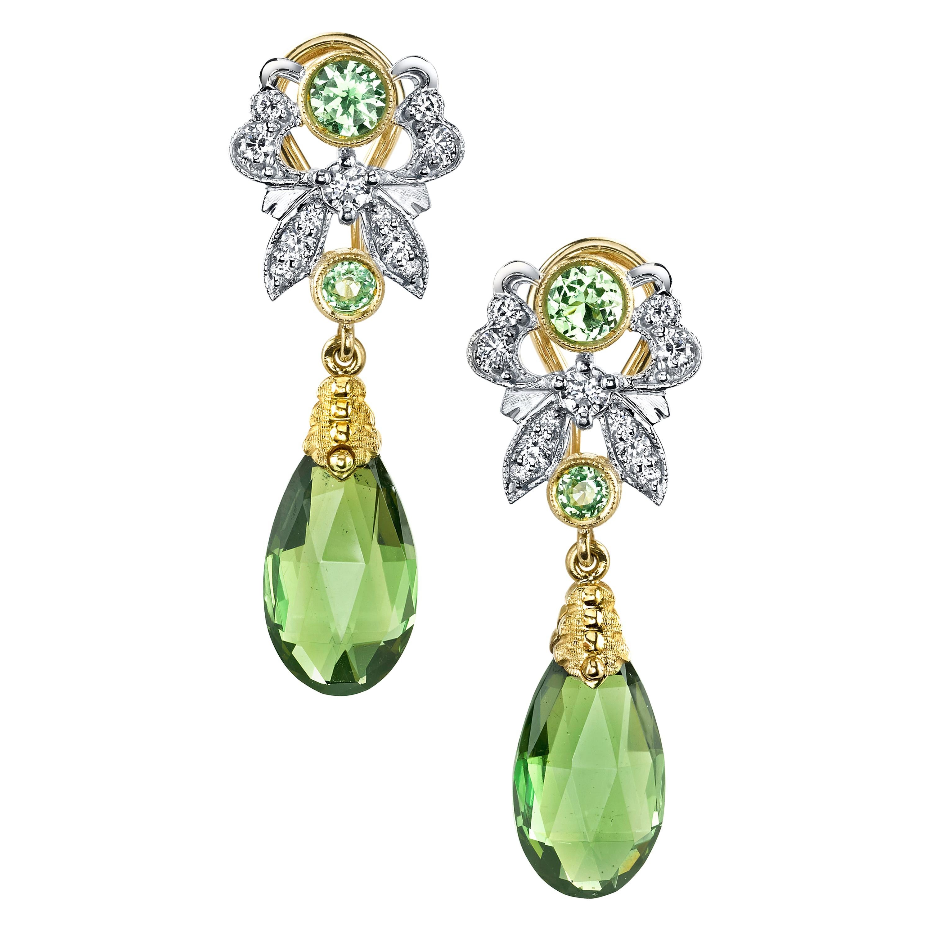 Green Tourmaline, Tsavorite Garnet, Diamond, Yellow, White Gold Dangle Earrings