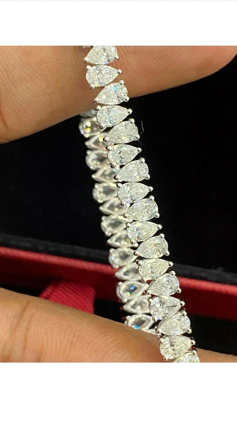 Bracelet Tennis Diamants 11,20 Carats Or Blanc 14K - Forme Poire Naturelle, Taille Sur Mesure