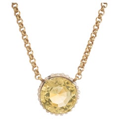 11.00 Carat Round Citrine Pearl Halo 14k Yellow Gold Victorian Pendant Necklace