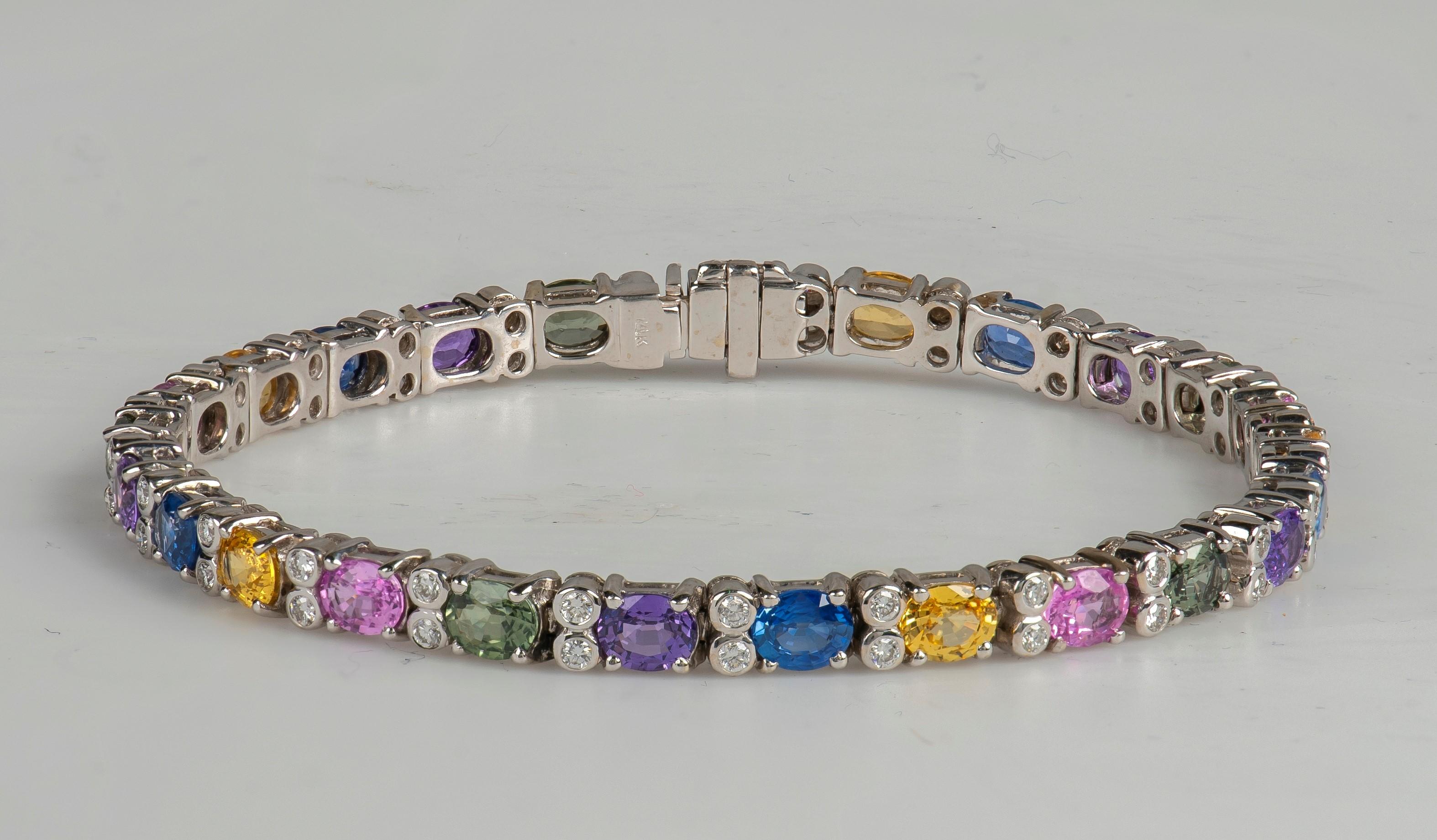 Oval Cut 11.00 Carat Total Weight Multi Colored Sapphire & Diamond Bracelet in 14K Gold