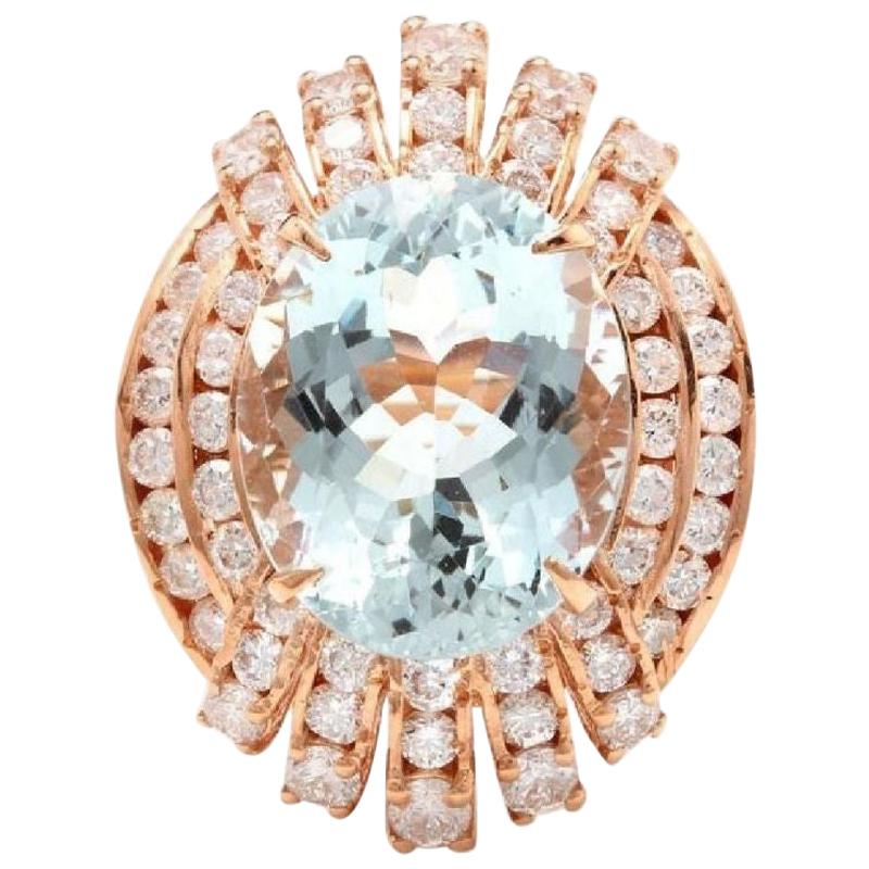 11,00 Quilates Exquisito Anillo de Aguamarina Natural y Diamante en Oro Macizo de 14 Kilates