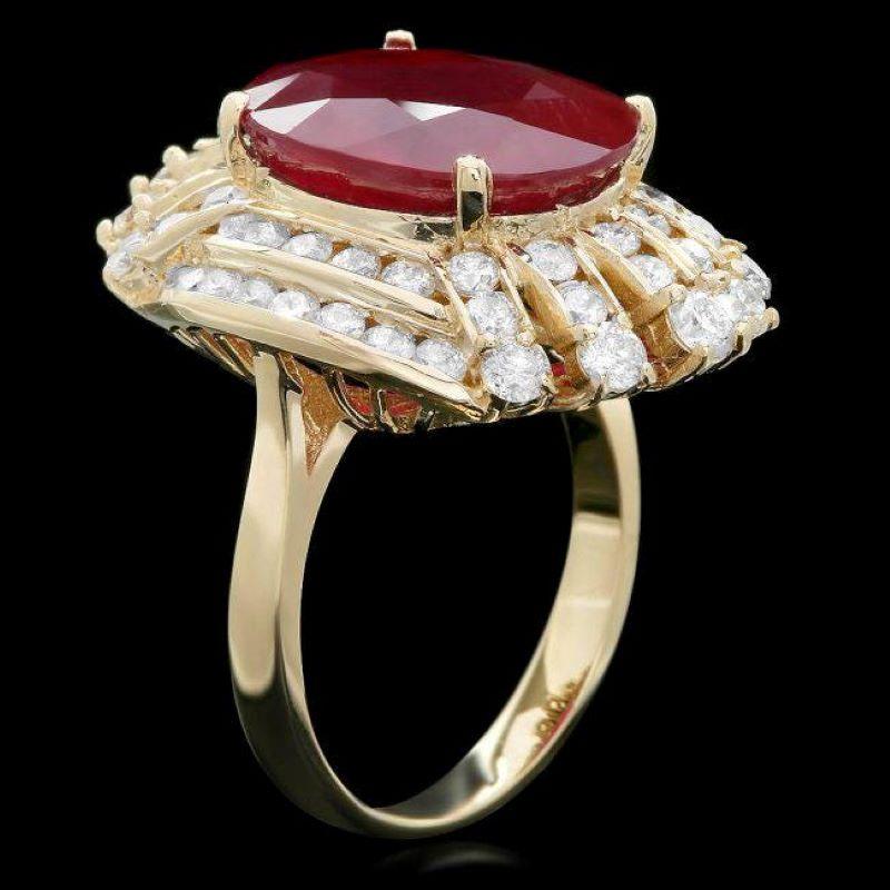 11.00 Carats Natural Red Ruby and Diamond 14K Solid Yellow Gold Ring

Total Red Ruby Weight is: Approx. 9.00 Carats

Ruby Measures: Approx. 14.00 x 12.00mm

Ruby treatment: Fracture Filling

Natural Round Diamonds Weight: Approx. 2.00 Carats (color