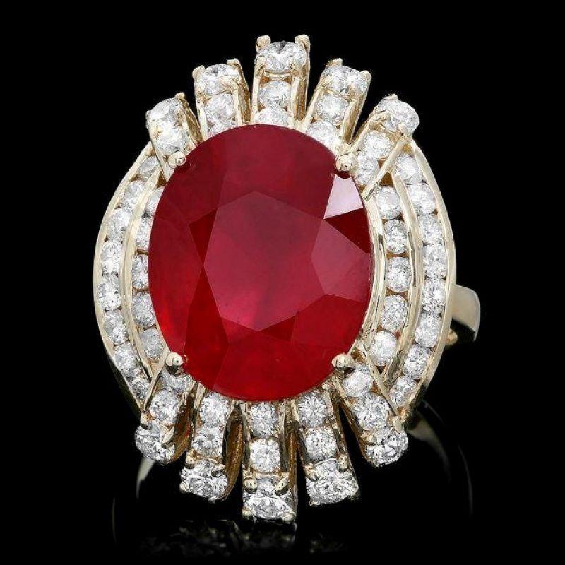 Mixed Cut 11.00 Carats Natural Red Ruby and Diamond 14K Solid Yellow Gold Ring For Sale