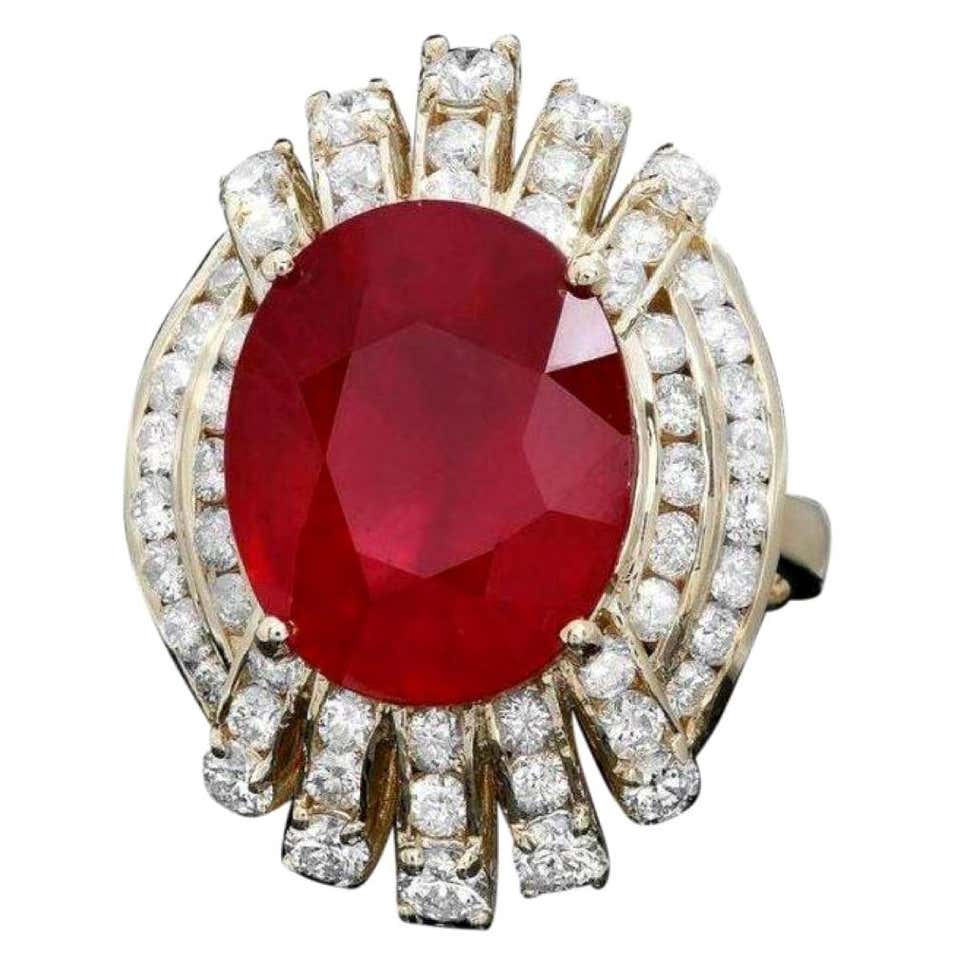 7.00 Carats Natural Red Ruby and Diamond 14K Solid Yellow Gold Ring For ...