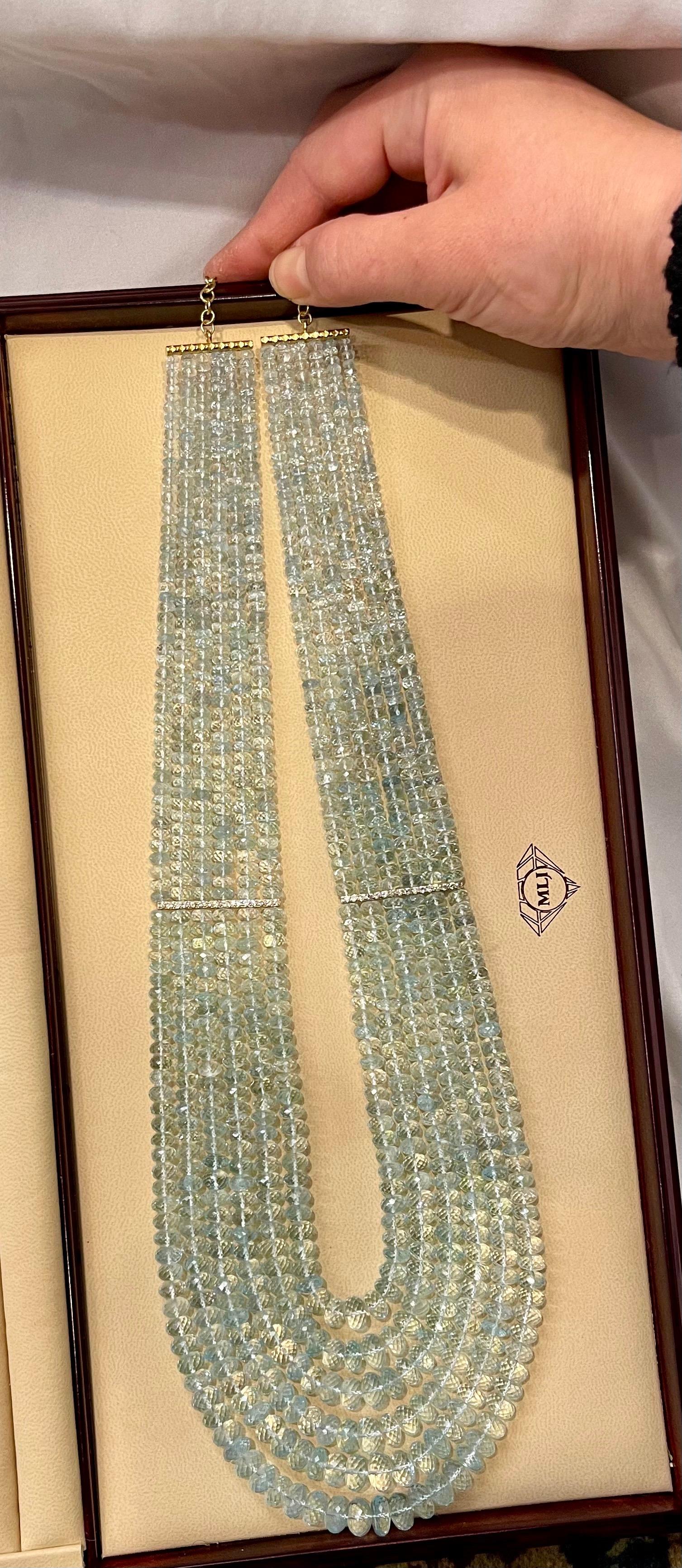 1100 Ct 6 Layer Natural Aquamarine Bead Necklace 14 Kt Gold and Diamond Necklace For Sale 10