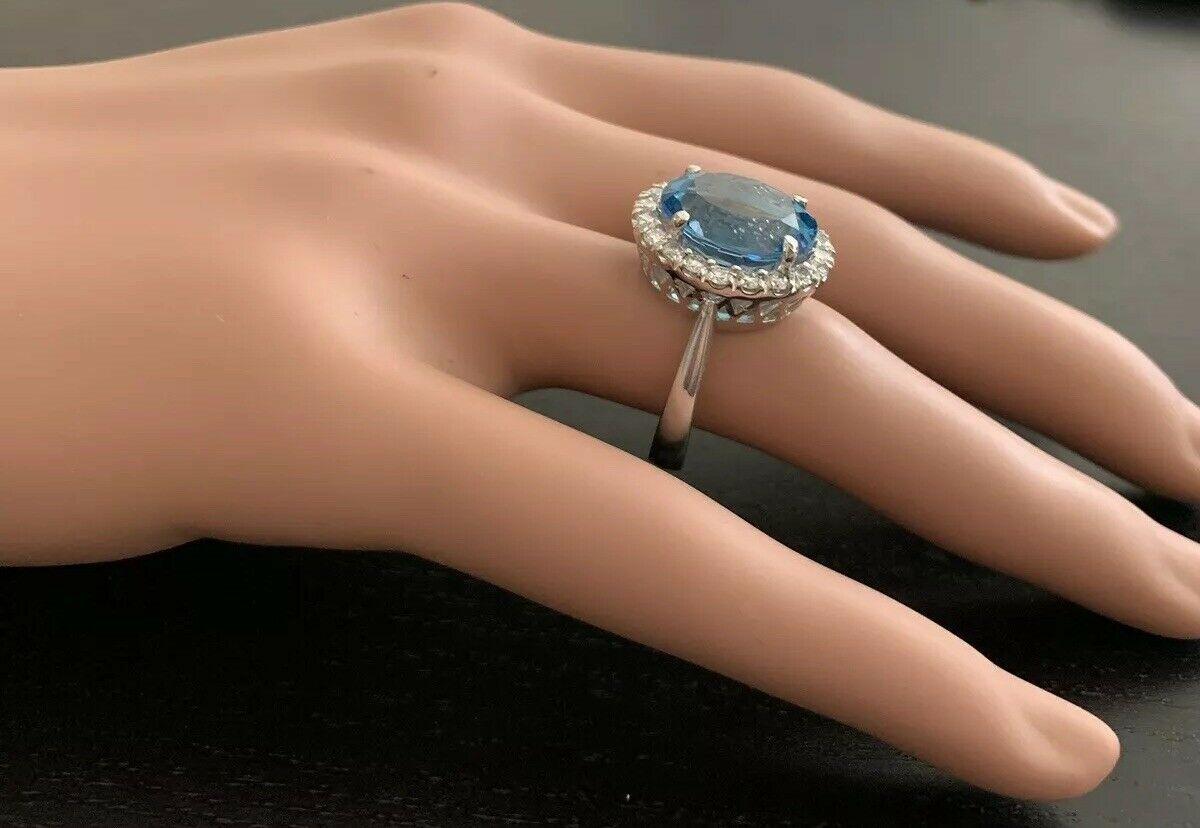 11.00 Carat Impressive Natural Swiss Blue Topaz and Diamond 14K Solid Gold Ring For Sale 3