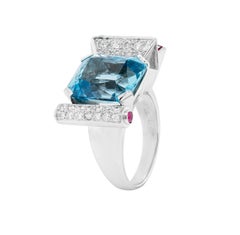 11.00ct Aquamarine, Diamond and Ruby 18 Carat White Gold 50's Cocktail Ring