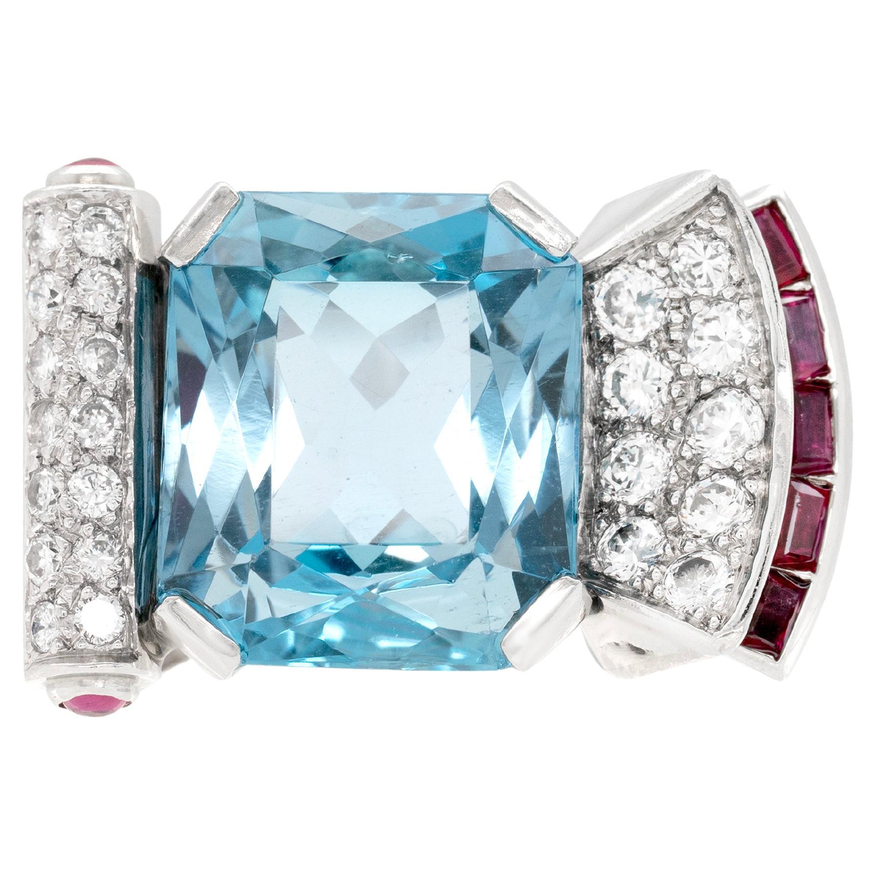 11.00ct Aquamarine, Diamond and Ruby 18 Carat White Gold 50's Cocktail Ring For Sale