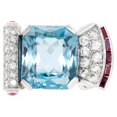 Retro 11.00ct Aquamarine, Diamond and Ruby 18 Carat White Gold 50's Cocktail Ring