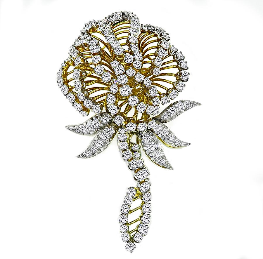 Round Cut 11.00ct Diamond Gold Flower Pin For Sale
