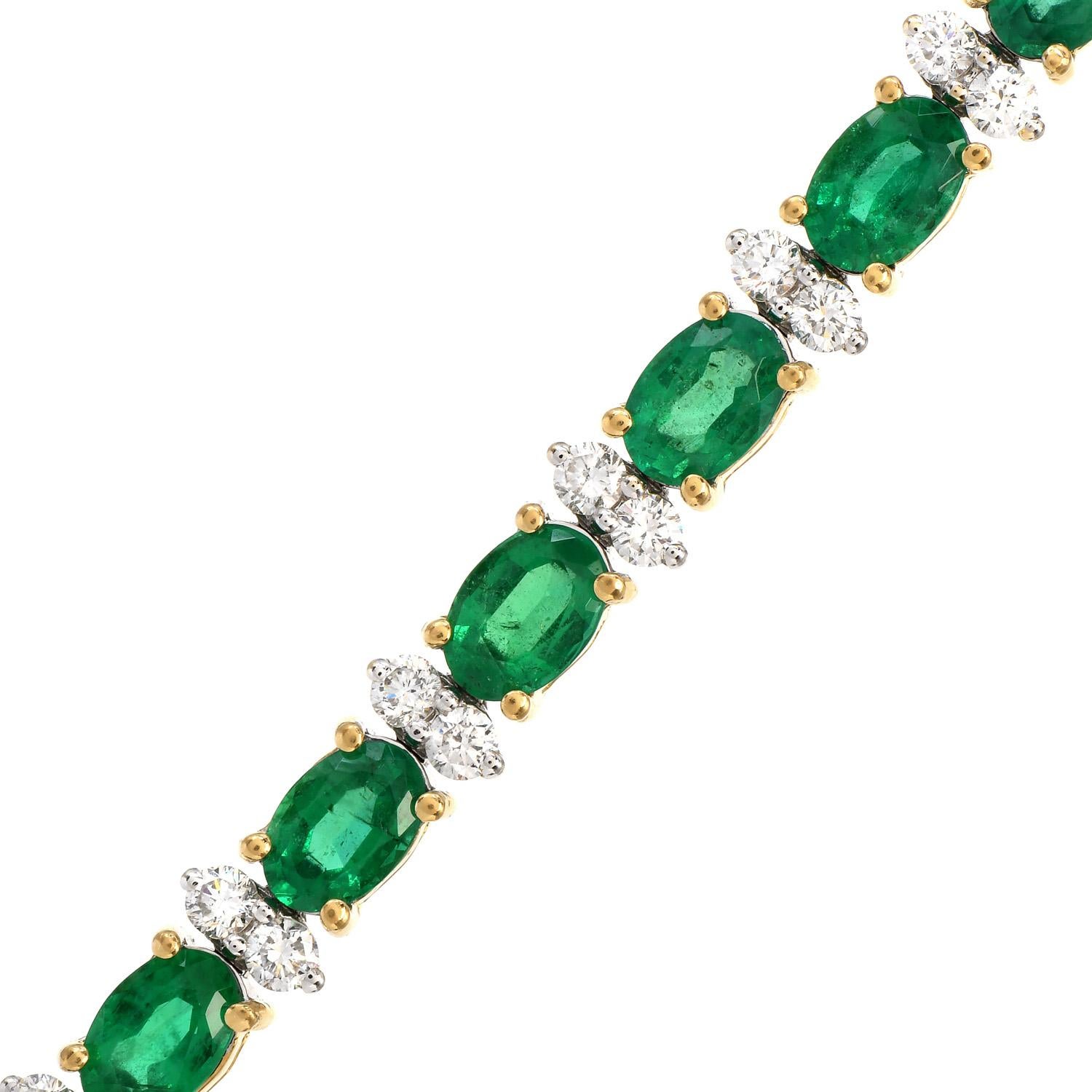 A dance of delicate vivid green color & sparkly white in a stack bracelet.

Crafted in solid 18K Yellow Gold with White gold accents. Presenting (40) round cut diamonds run from end to end in this flexible line bracelet. 

The cumulative diamond