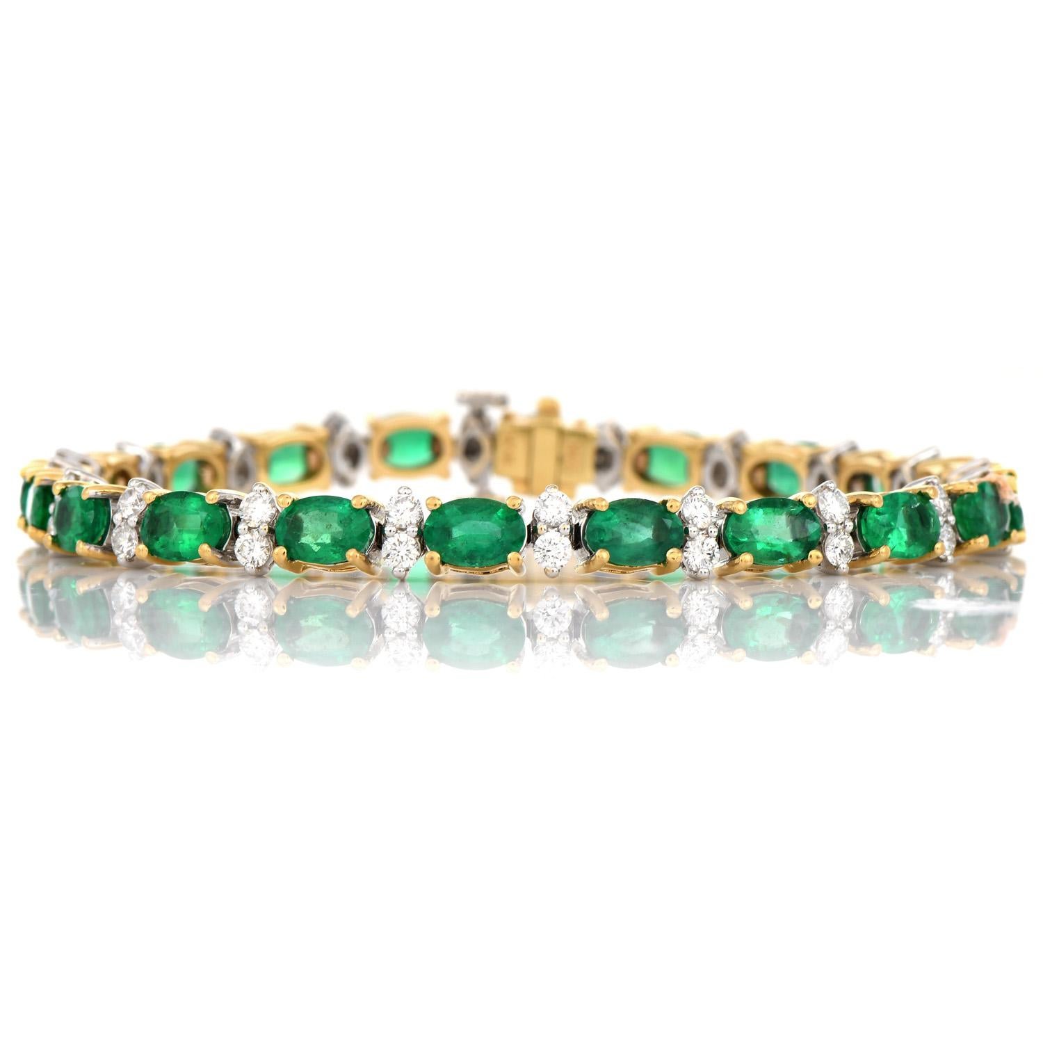 Oval Cut 11.00ct Emerald Diamond 18K Yellow Gold Tennis Line Link Bracelet For Sale