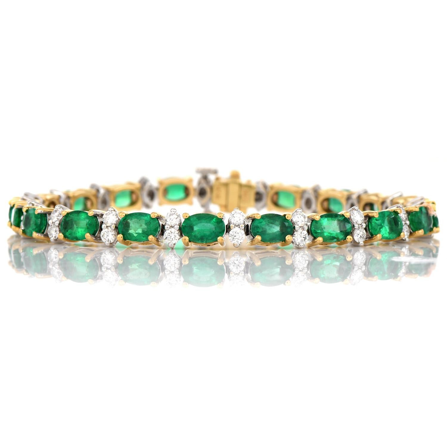 Oval Cut 11.00ct Emerald Diamond 18K Yellow Gold Tennis Line Link Bracelet