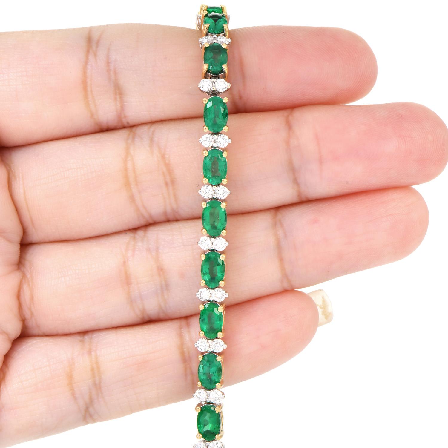 11.00ct Emerald Diamond 18K Yellow Gold Tennis Line Link Bracelet For Sale 1
