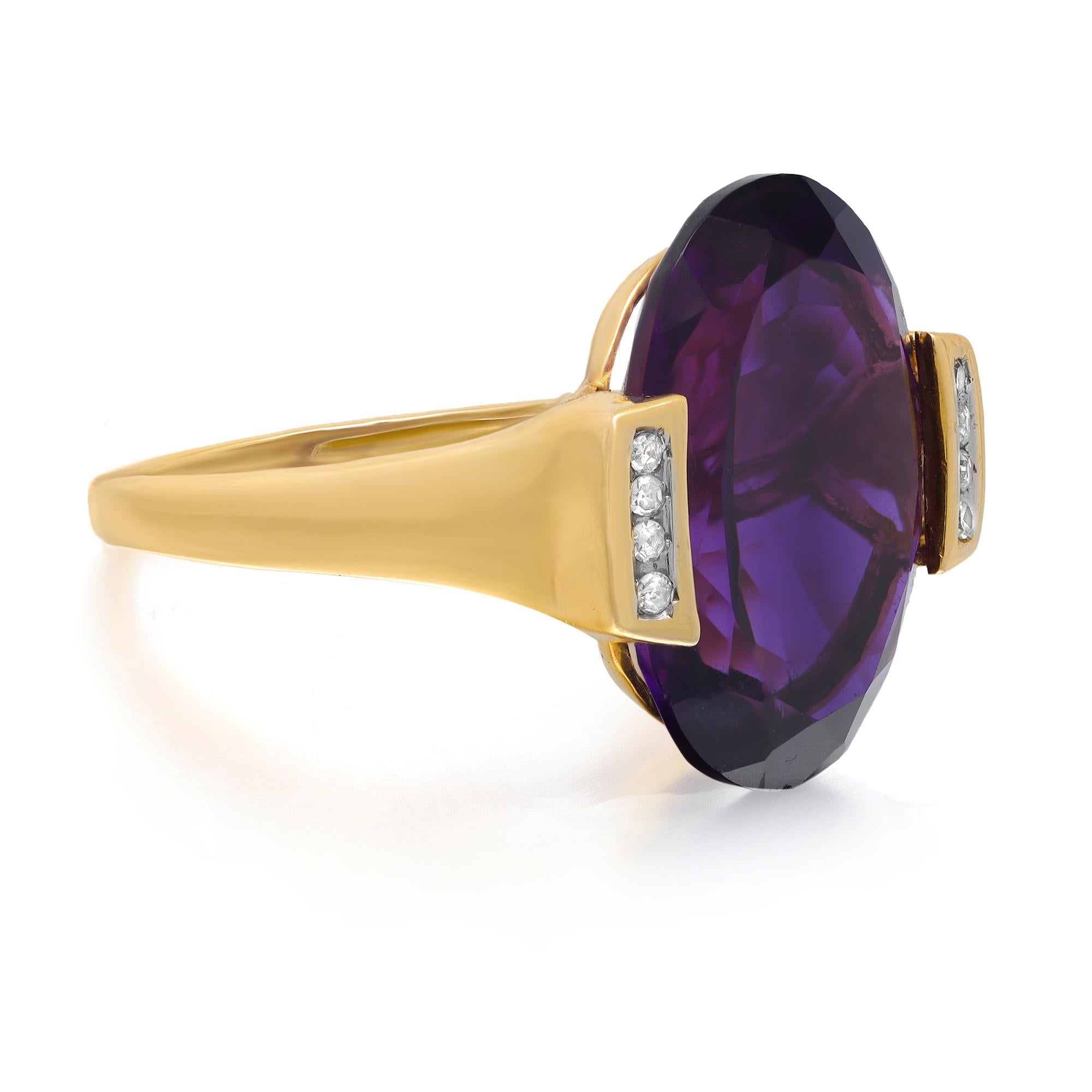 This beautiful purple oval shaped Amethyst and diamond cocktail ring is crafted in fine 14k yellow gold. An excellent oval shaped amethyst weighing approx. 11.00 carats is flanked with tiny round brilliant cut diamonds. Ring Size 7.75. Total weight: