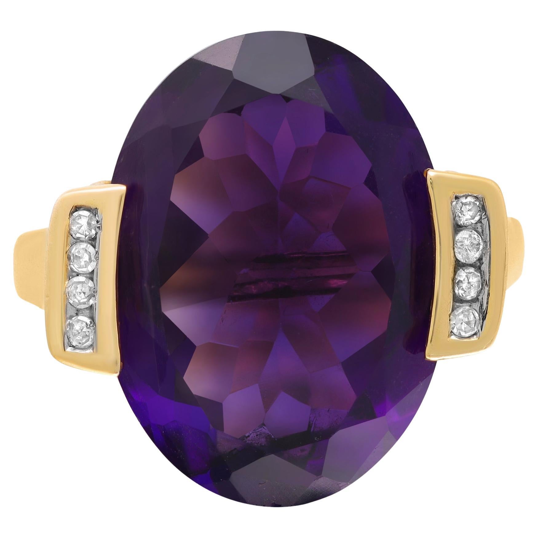 11.00Cttw Oval Amethyst & Diamond Cocktail Ring 14K Yellow Gold