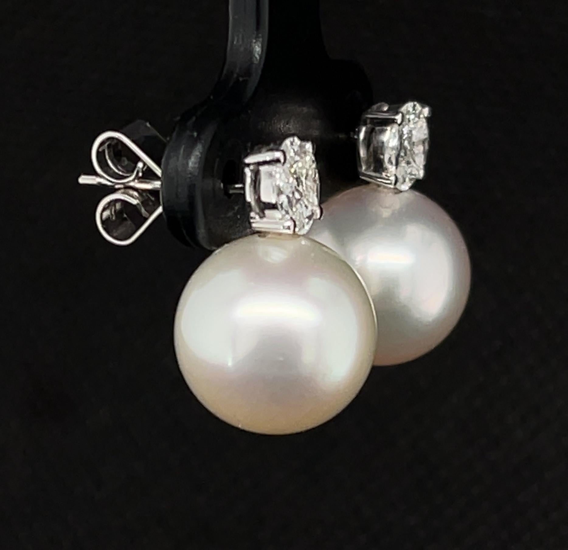 Artisan White South Sea Pearl, .42 Carat Total Diamond, White Gold Drop Earrings