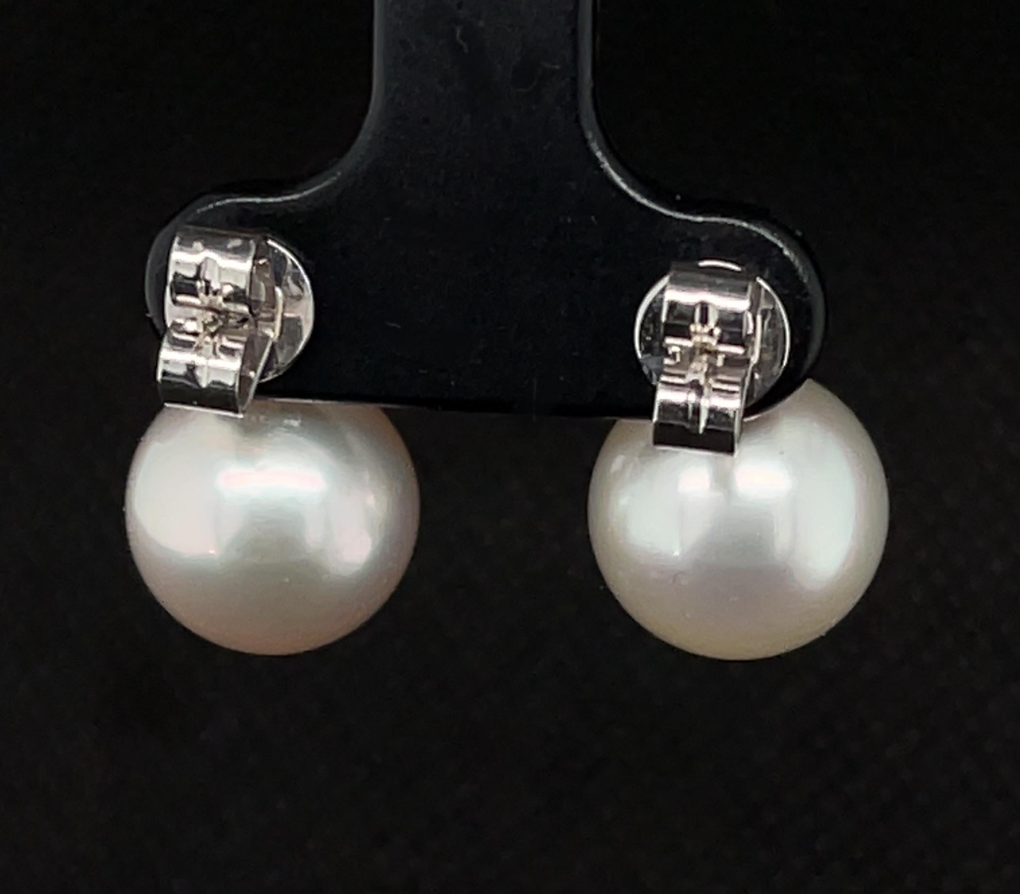 Round Cut White South Sea Pearl, .42 Carat Total Diamond, White Gold Drop Earrings