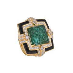 11.01 Carat Emerald Carving Diamond and Black Enamel 18kt Yellow Gold Ring
