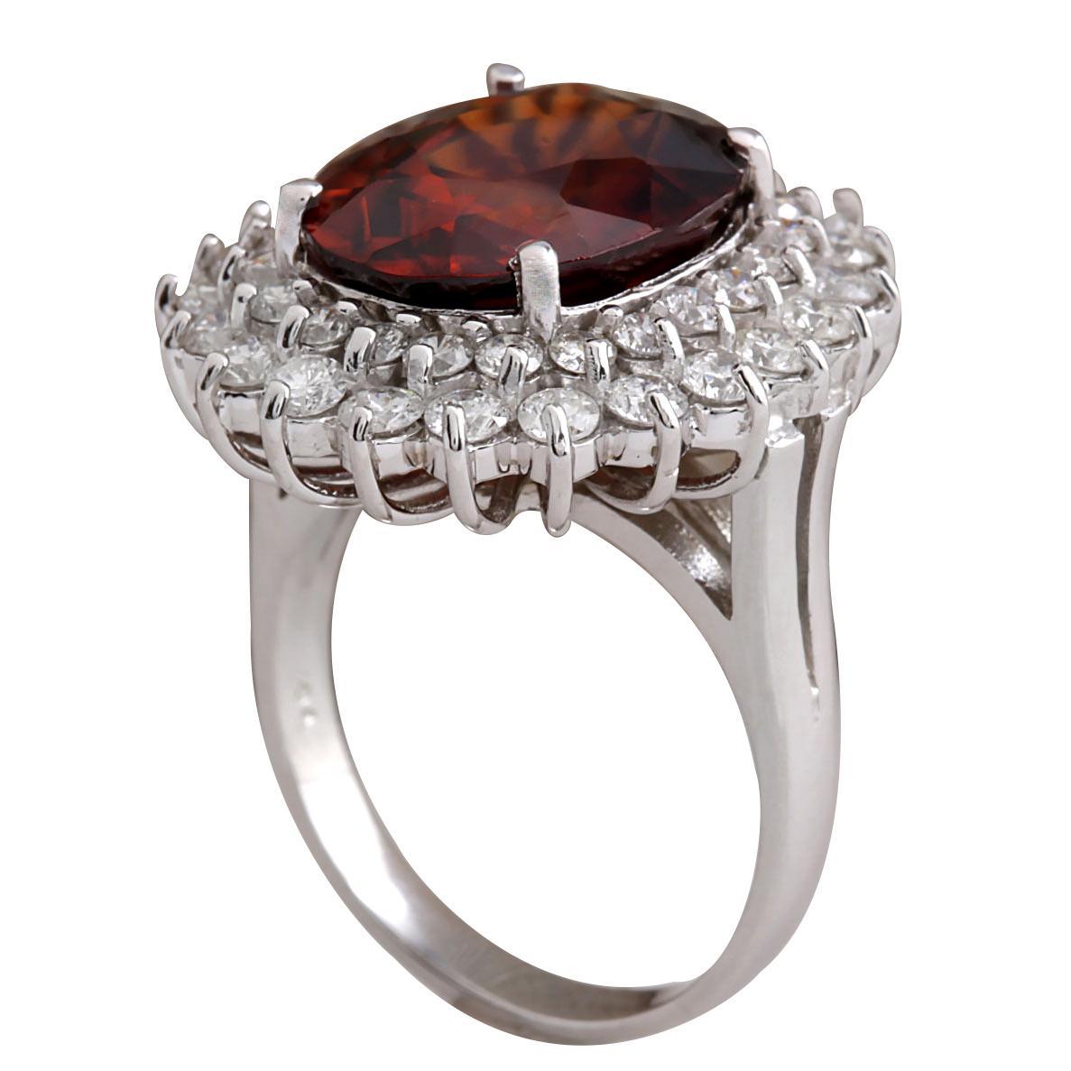 Oval Cut Natural Hessonite Garnet Diamond Ring In 14 Karat White Gold  For Sale