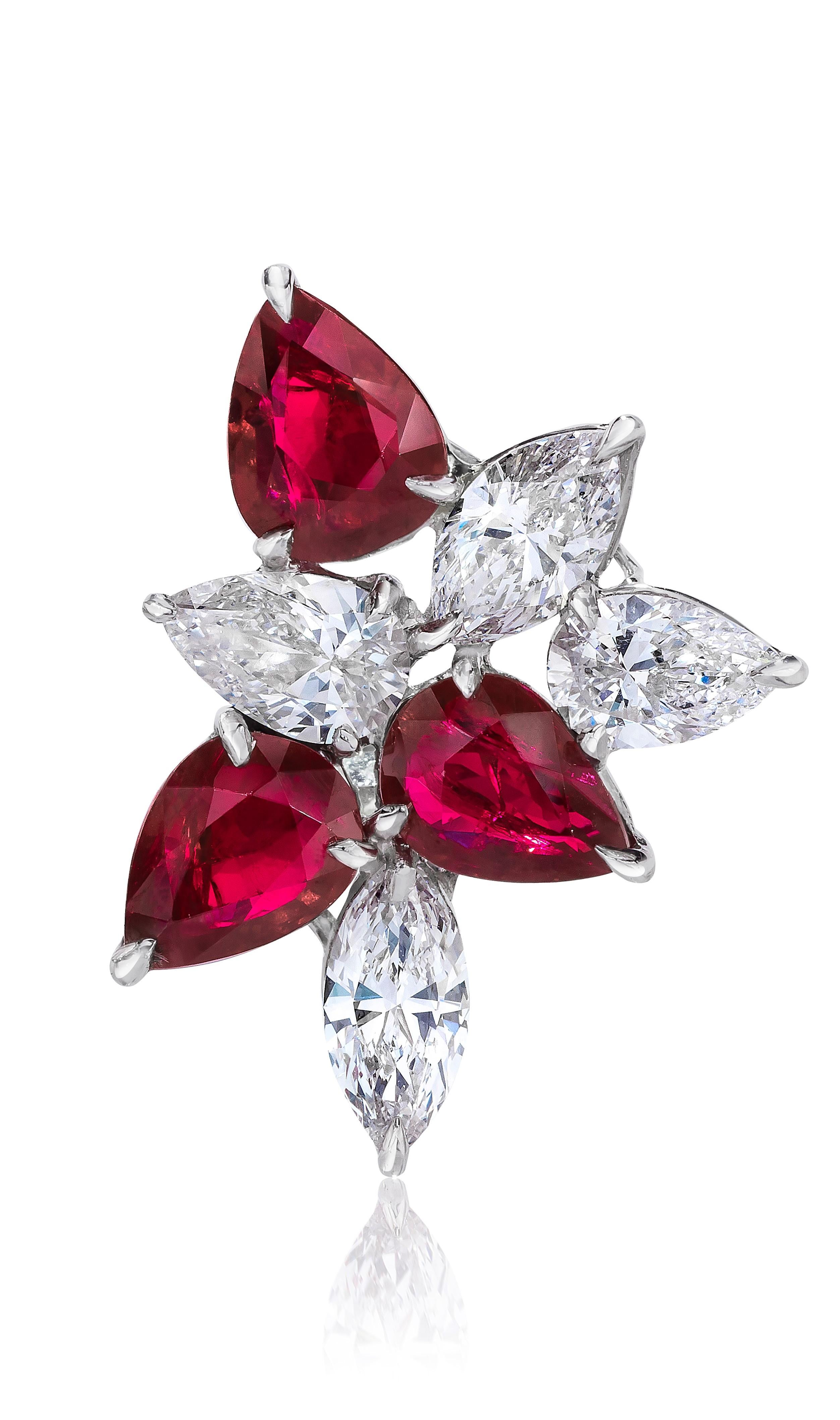 Pear Cut 11.01 Carats Ruby and Pear Shaped Diamond Cluster Earring For Sale