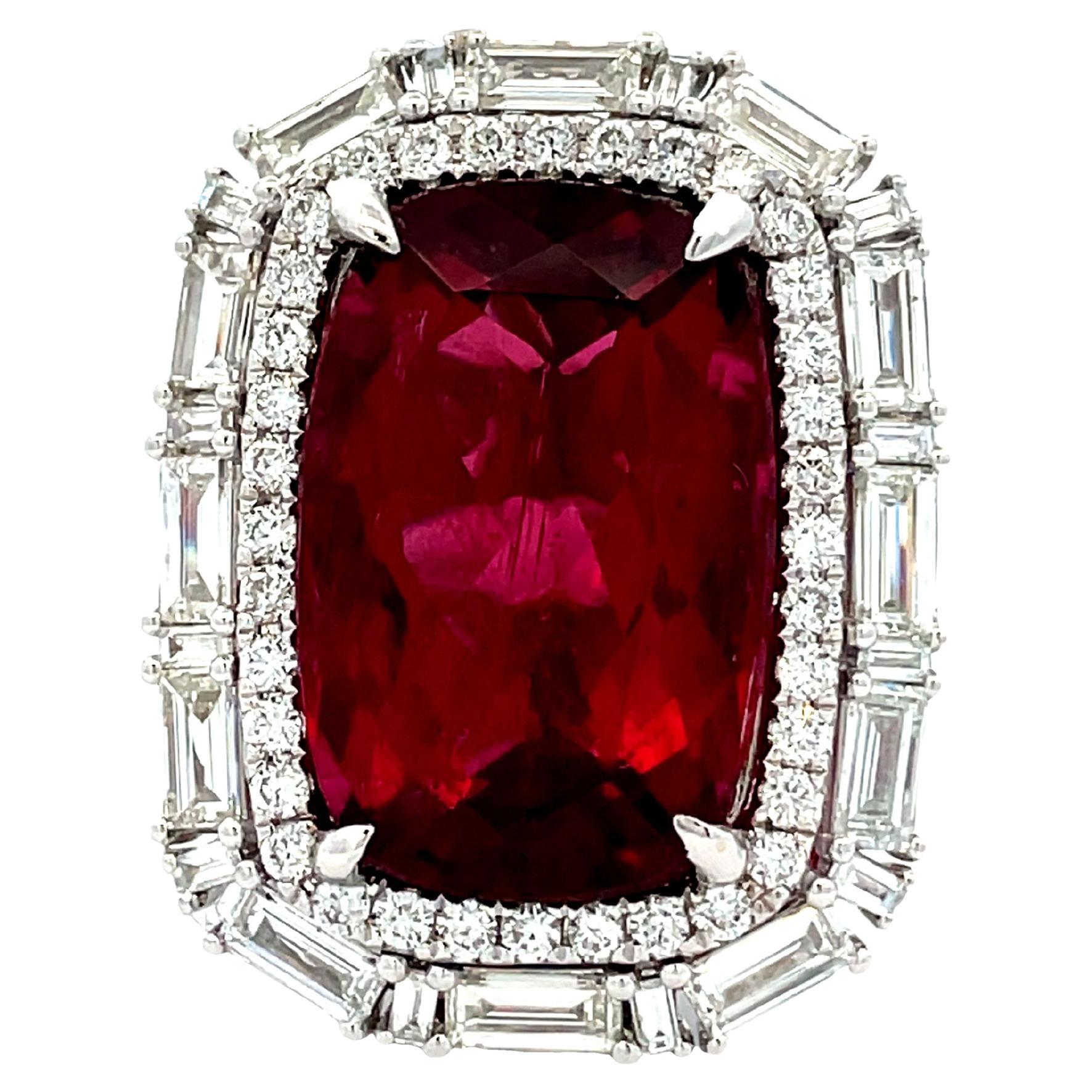 11.01 CT Red Tourmaline  Cushion White Diamonds 18KW RING  For Sale