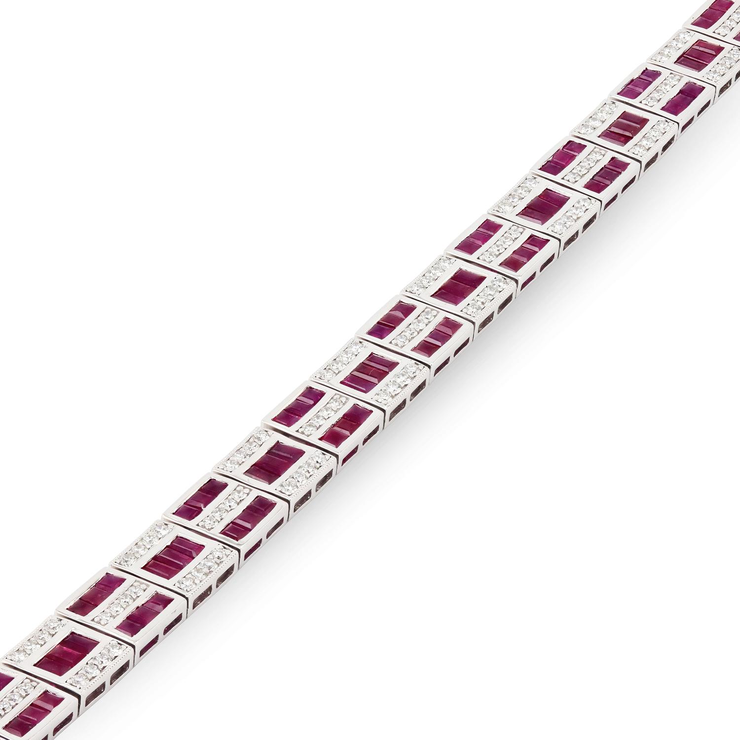 One polished, stamped, and tested platinum bracelet mounted with: 99 genuine faceted rubies weighing approximately 11.01 carats, and 132 genuine round diamonds weighing approximately 2.09 carats. The bracelet measures 7.25 inches in length and is