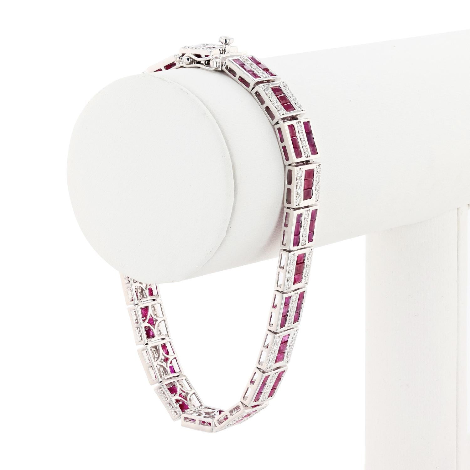 Asscher Cut 11.01ctw Ruby and 2.09ctw Diamond Platinum Bracelet For Sale
