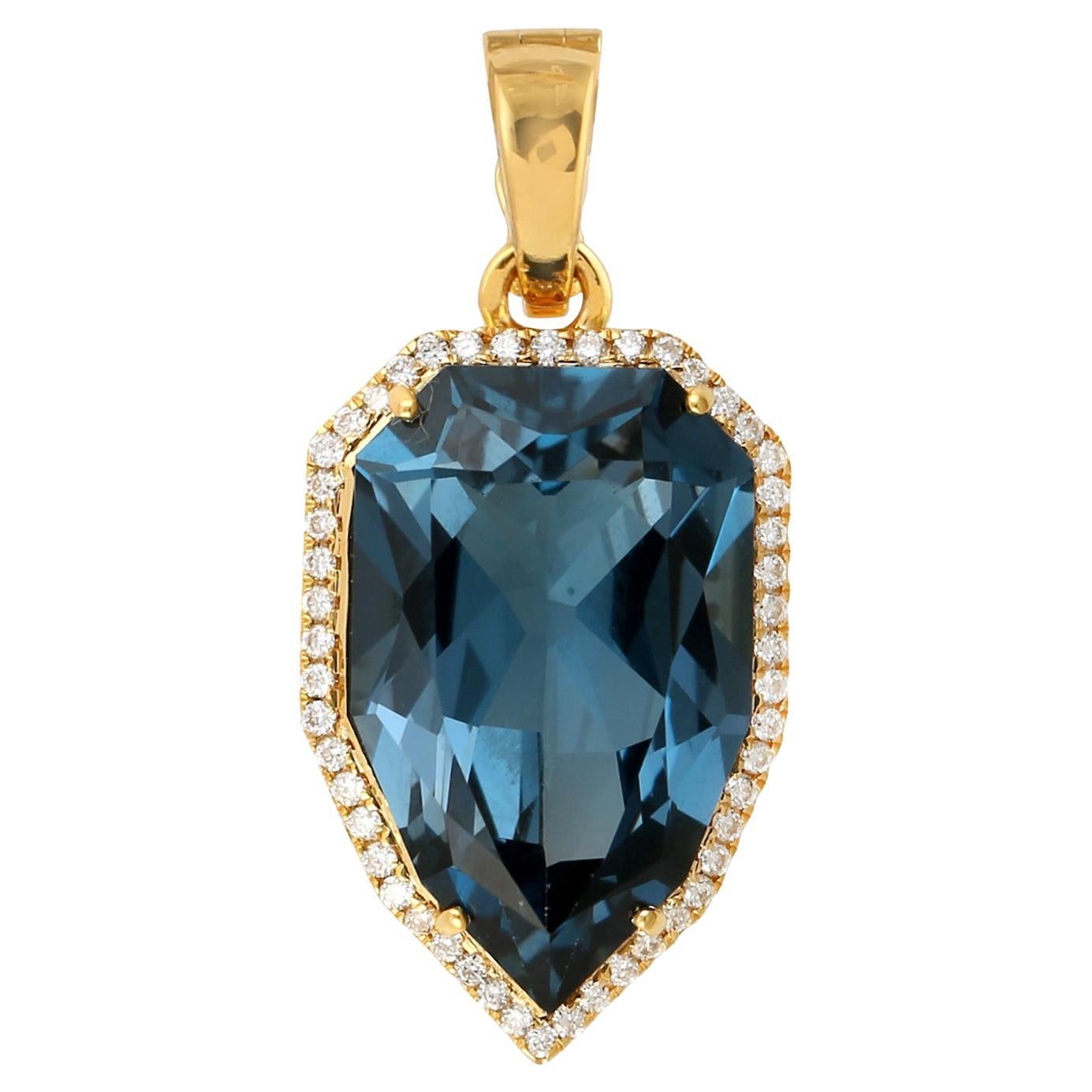 11,02ct Blautopas Diamant 14k Gold Anhänger Halskette