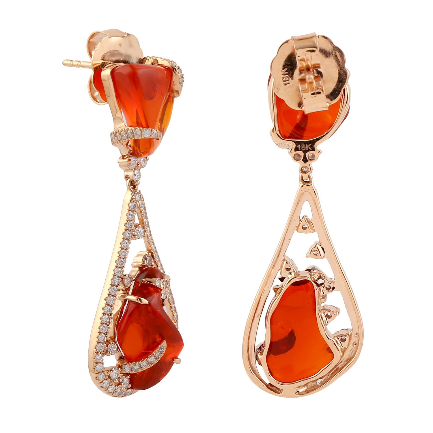 Taille mixte Boucles d'oreilles pendantes en or 18 carats avec diamants 11.02 carats Opale de feu mexicaine en vente