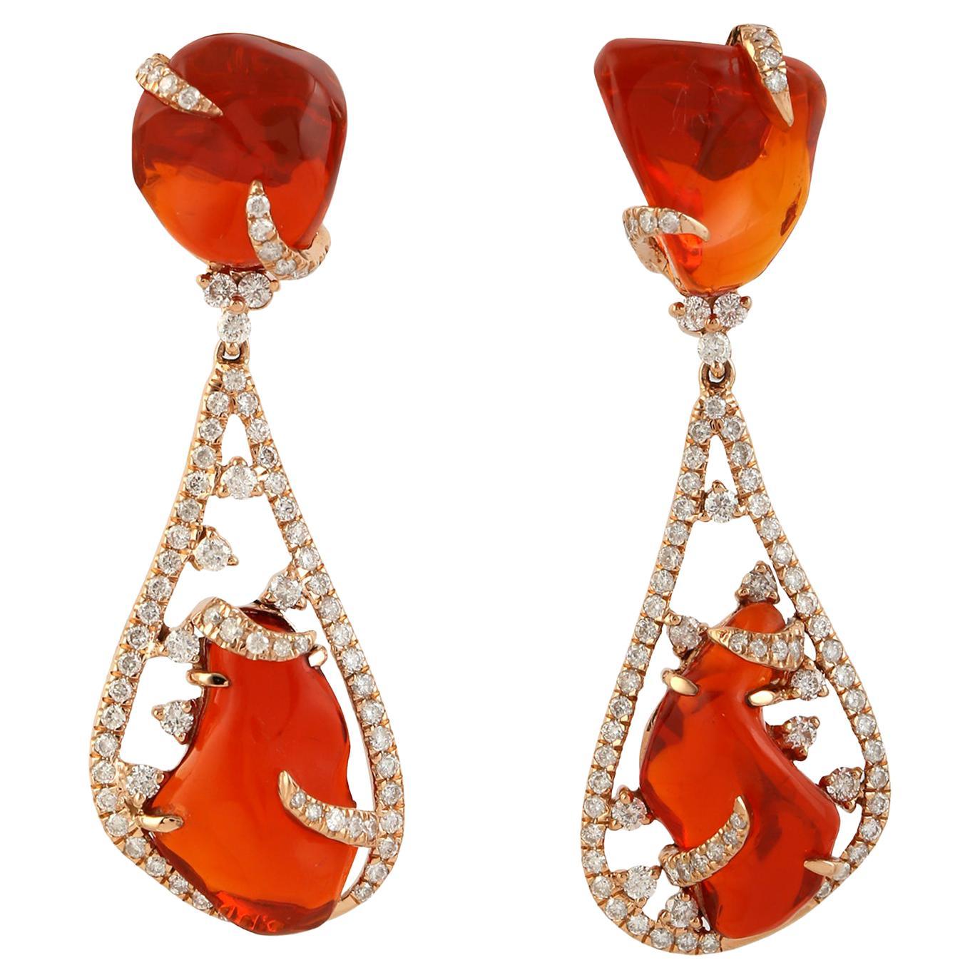 11.02 Carat Mexican Fire Opal 18 Karat Gold Diamond Drop Earrings