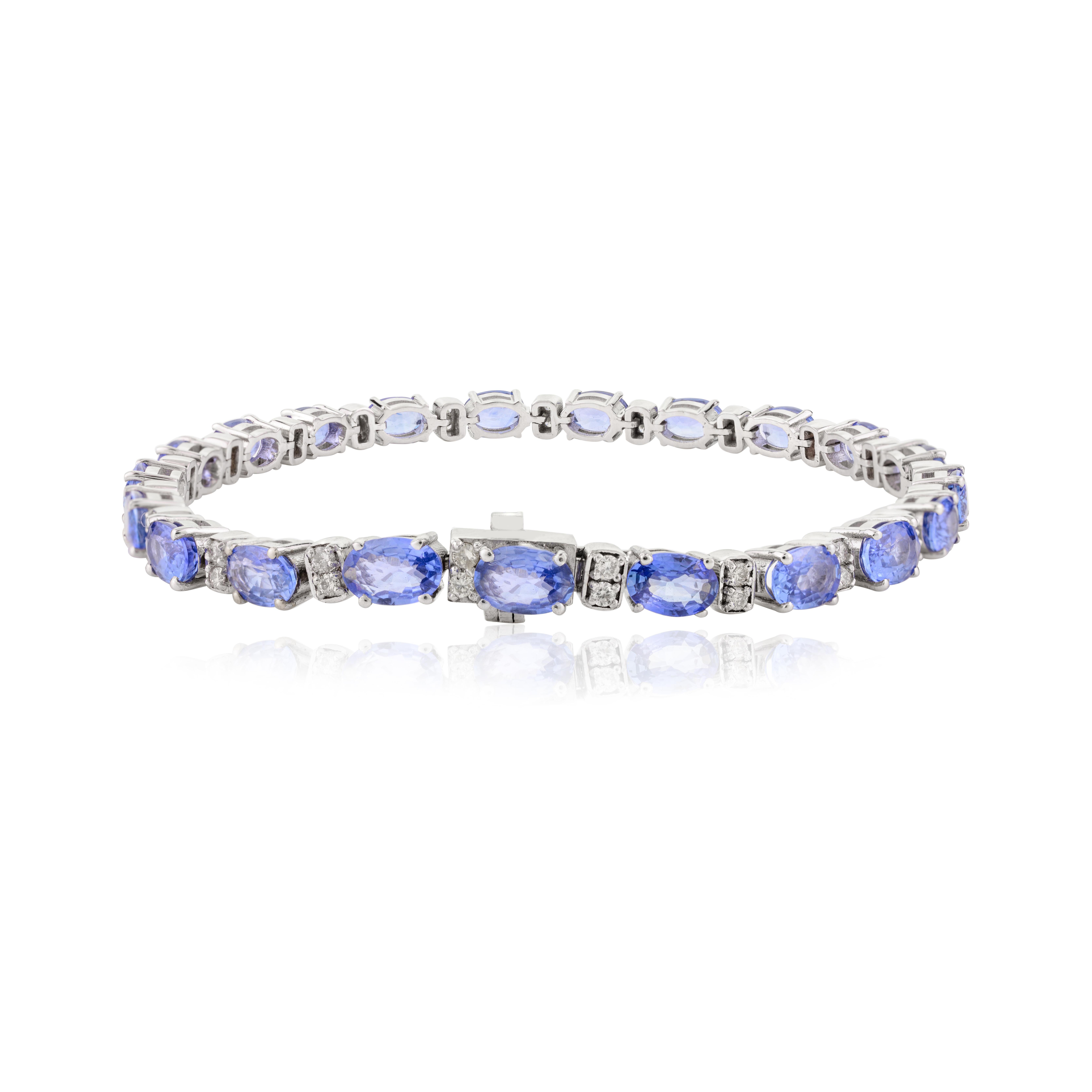 Zafiro Azul 11,02 CTW Diamante Abuela Pulsera de Tenis en Oro Blanco de 18 quilates Art Decó en venta