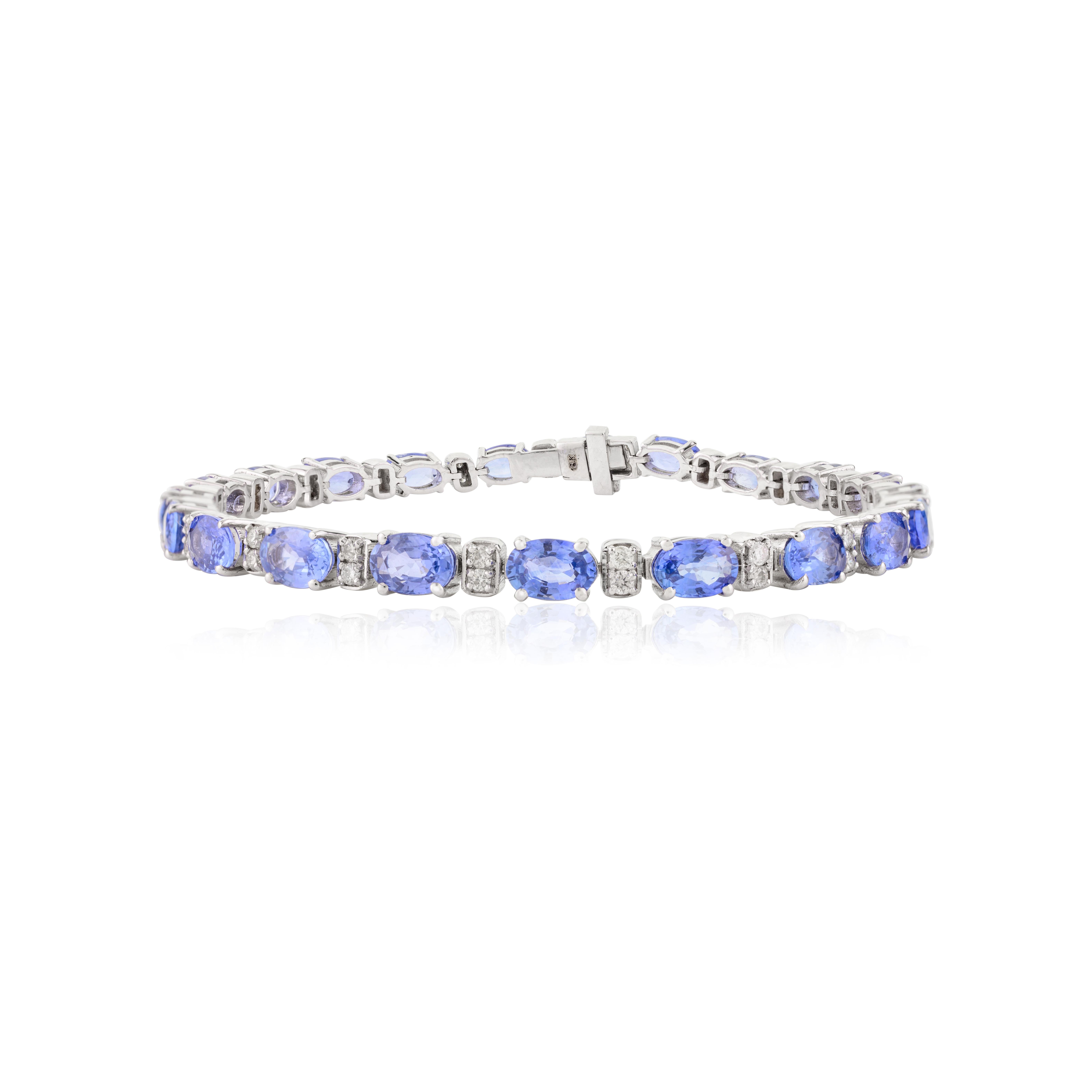 Zafiro Azul 11,02 CTW Diamante Abuela Pulsera de Tenis en Oro Blanco de 18 quilates Corte oval en venta