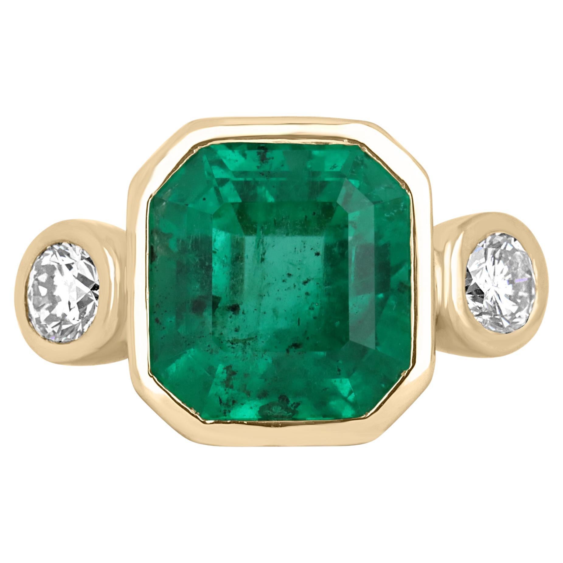 11.02tcw 18K Colombian Emerald-Emerald Cut & Round Diamond Three Stone Ring