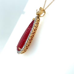 11.03 Carat Pear Cut Rhodonite Diamond Pendant Necklace