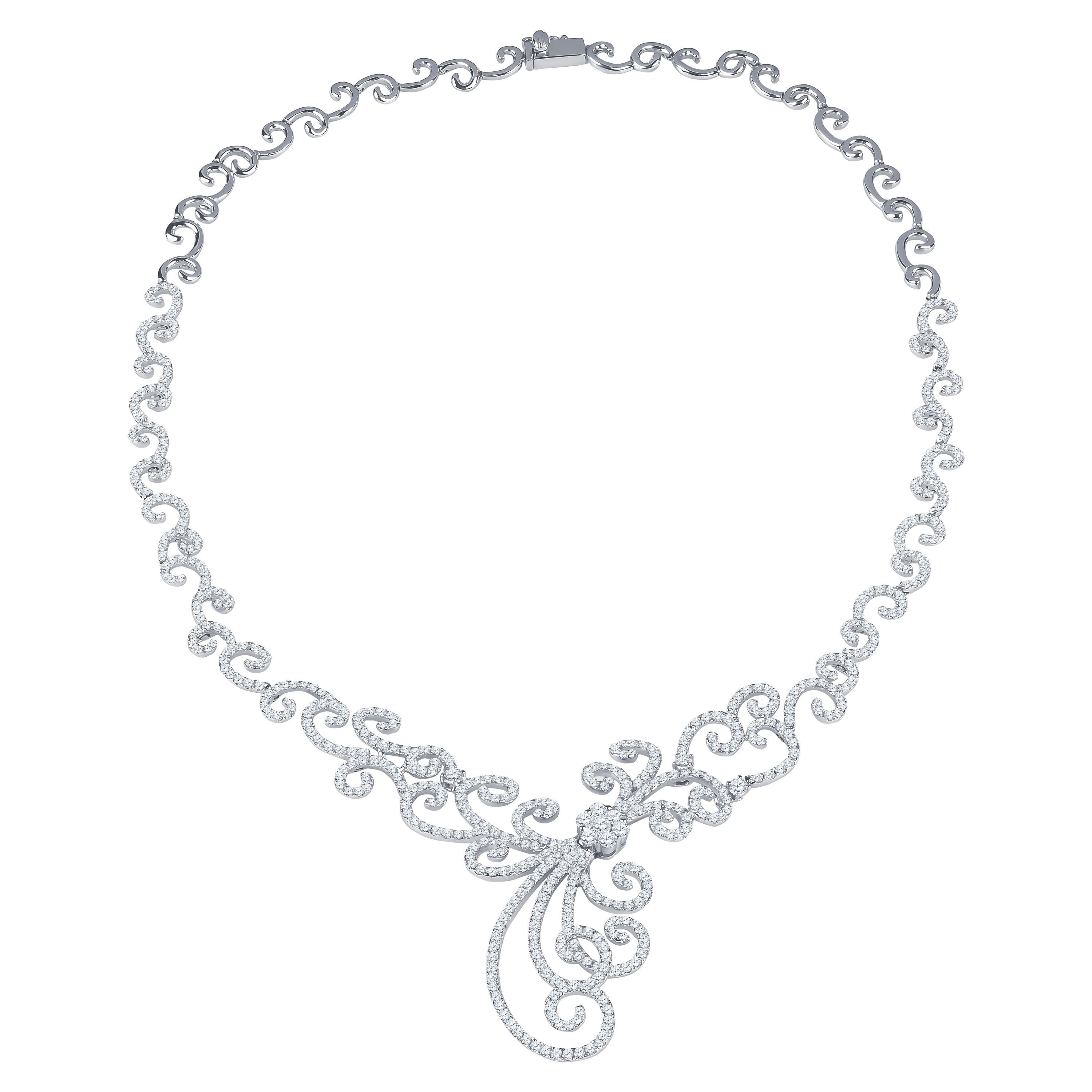 11.04 Carat Diamond Swirl Style Necklace in 18k White Gold, F-H VS2-SI1  For Sale