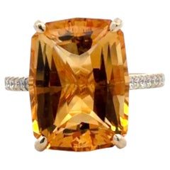 11.05 Carat Cushion-Cut Citrine Diamond Ring 14K Yellow Gold