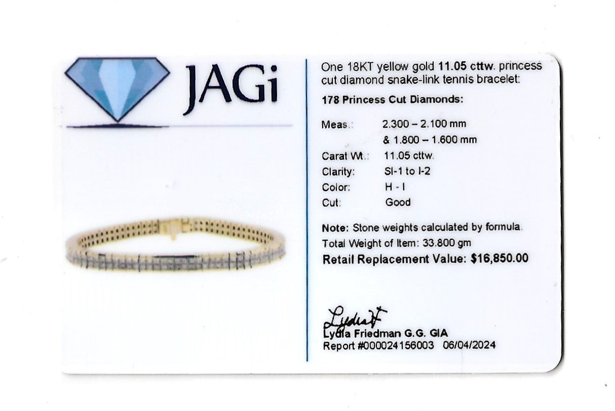 11.05 Carat Total Princess Cut Diamond Double Row 18 Karat Gold Tennis Bracelet For Sale 7