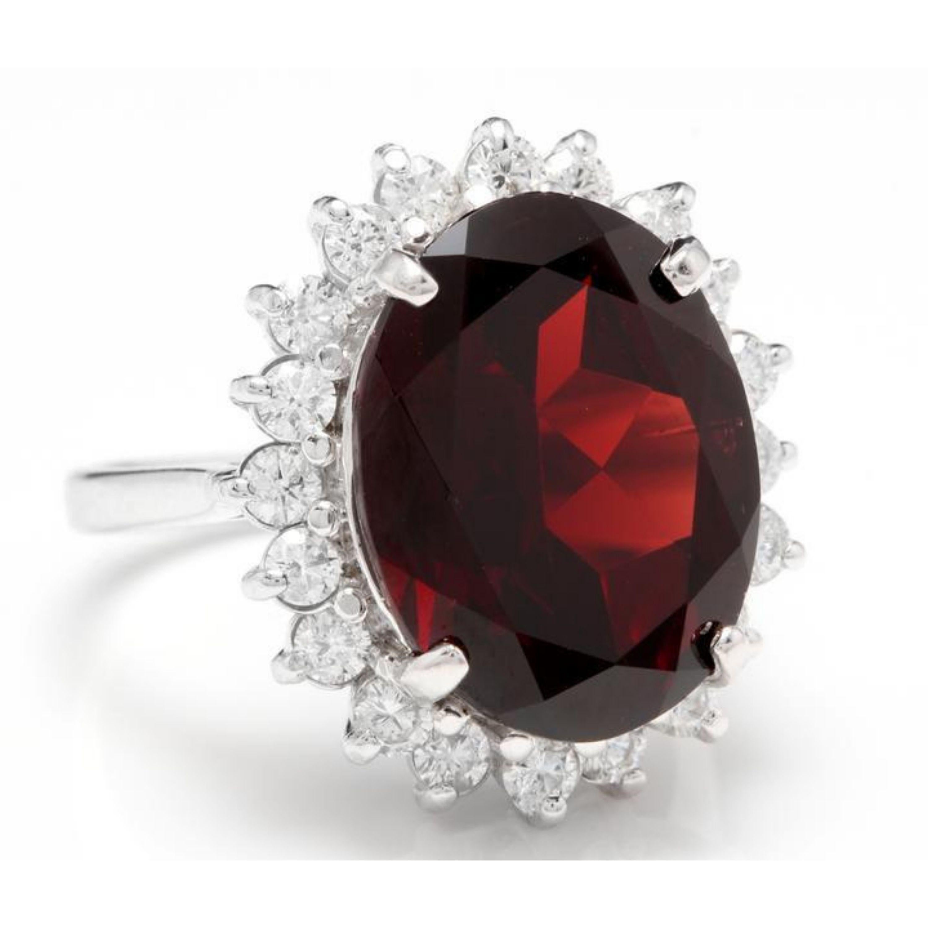 11.05 Carats Impressive Red Garnet and Natural Diamond 14K White Gold Ring

Total Natural Oval Red Garnet Weight is: Approx. 10.00 Carats

Garnet Measures: Approx. 16.00mm x 12.00mm

Natural Round Diamonds Weight: Approx. 1.05 Carats (color G-H /