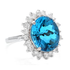 11.05 Ct Impressive Natural Swiss Blue Topaz & Diamond 14K Solid White Gold Ring