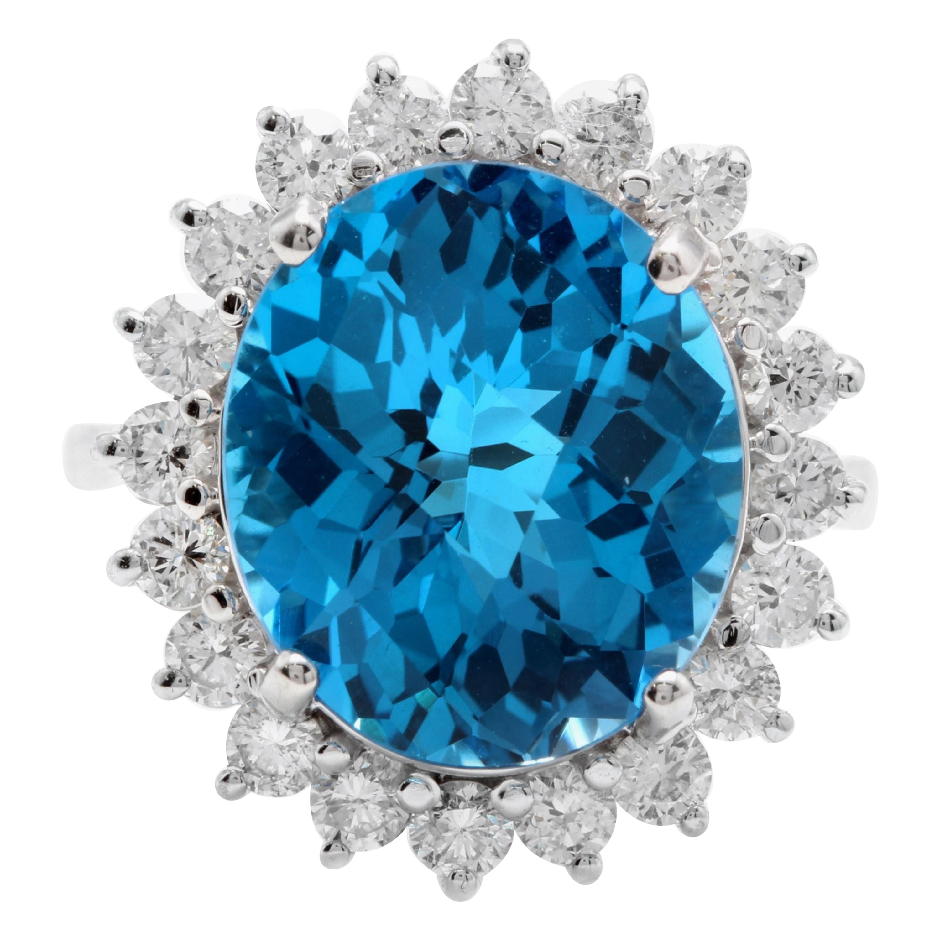 11.05 Ct Impressive Natural Swiss Blue Topaz & Diamond 14K Solid White Gold Ring
