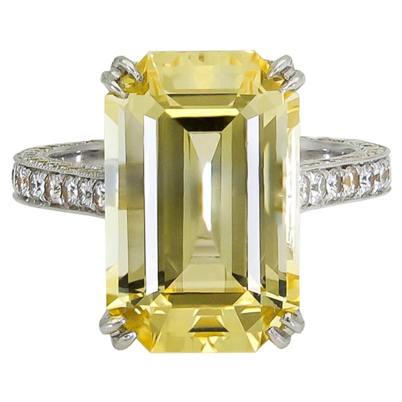 11.06 Carat Emerald Cut Yellow Sapphire and Diamond Engagement Ring For Sale