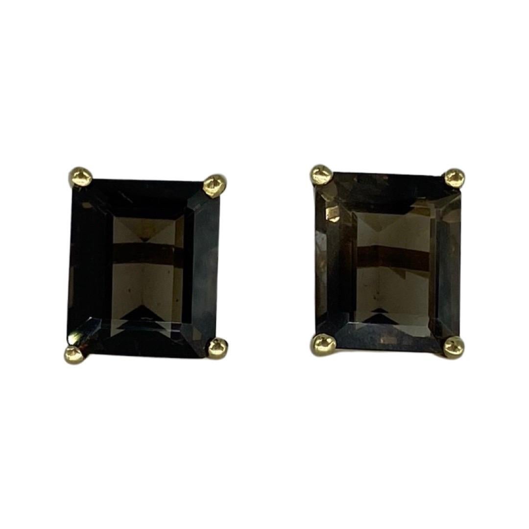 11.06 Carat Smokey Quartz Emerald Cut Stud Earrings 18k Gold